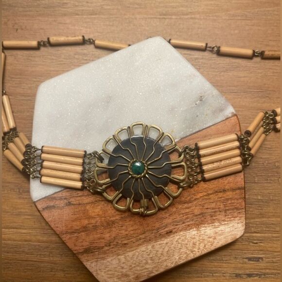 Vintage Turquoise Center Boho Flower Bamboo Choker Necklace - Picture 8 of 12